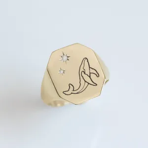 Whale & Stars signet ring 14k gold