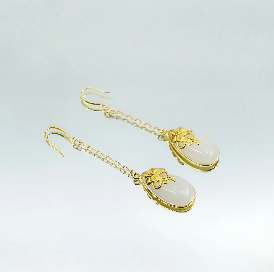 White Jade Earrings with Long Dangle Chain