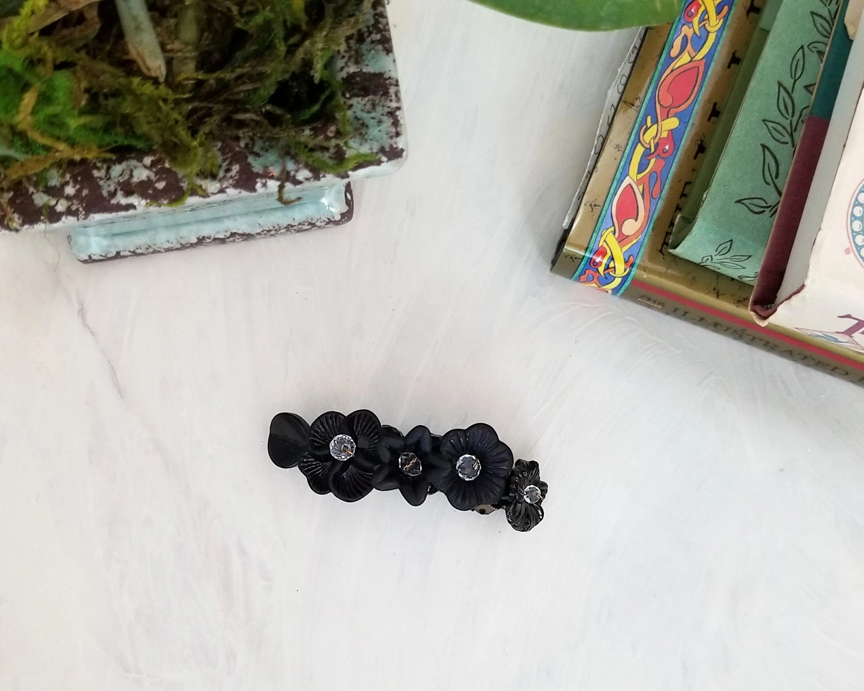 Wire Wrapped Lucite Flower Barrette in Black, Gothic, Bridesmaid, Wedding, Floral, Garden, Boho, Bohemian, Choice of Colors and Metals