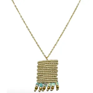 Woven Macrame Banner Bead Chain Necklace Gold and Turquoise Bead
